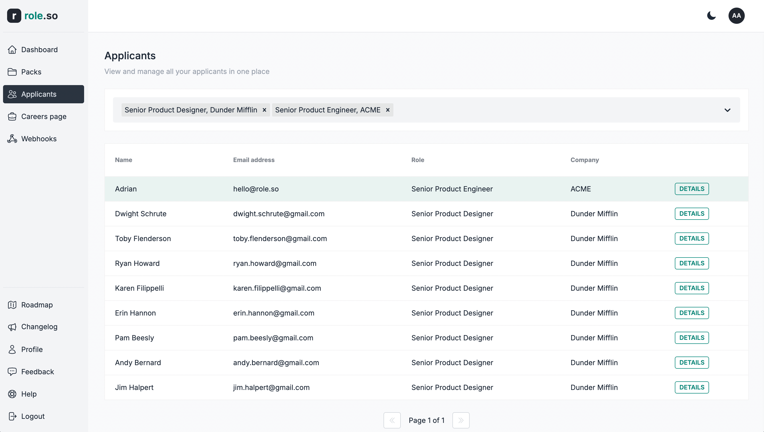 Filtered applicants table