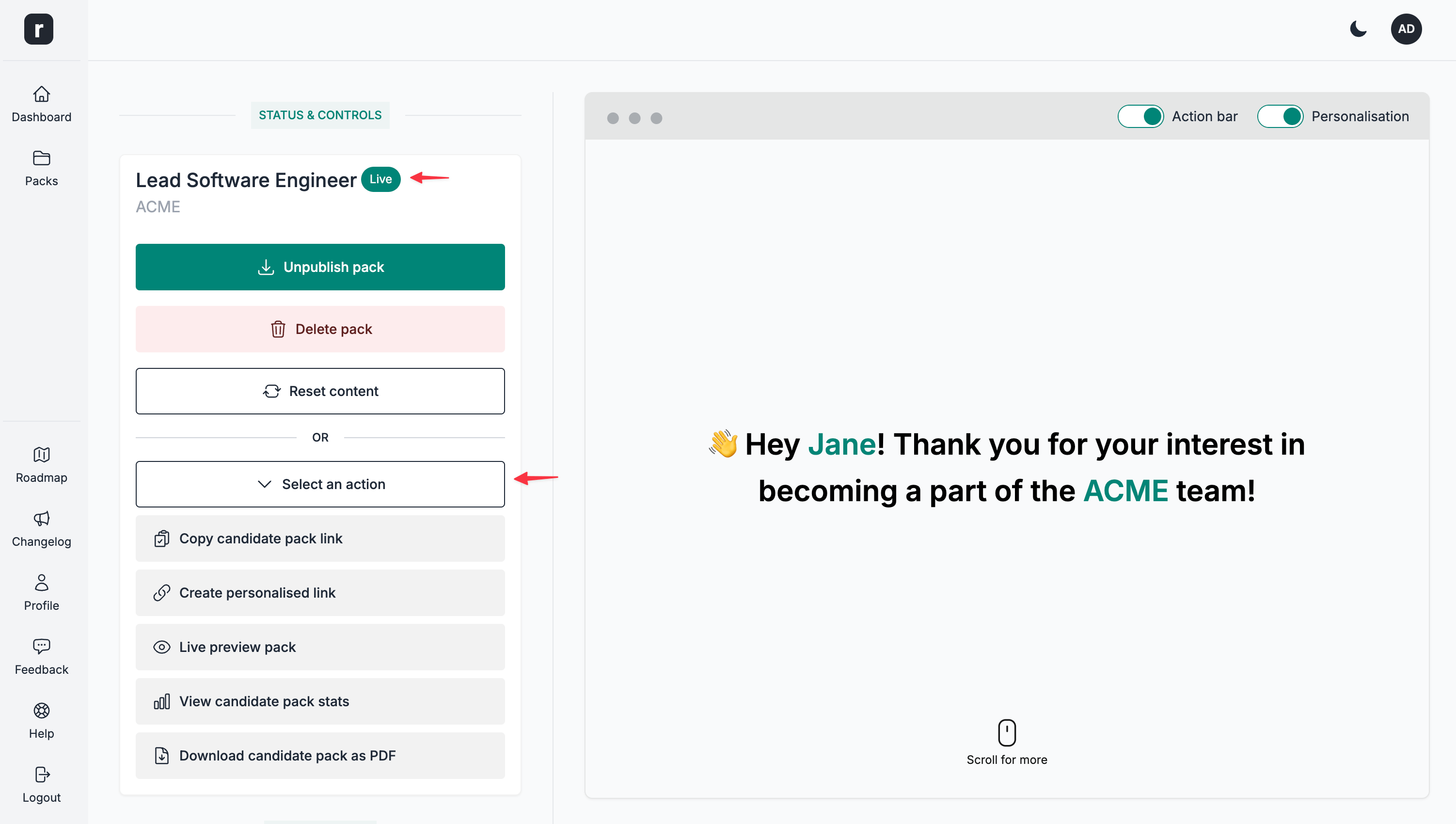 Published/Live candidate pack options