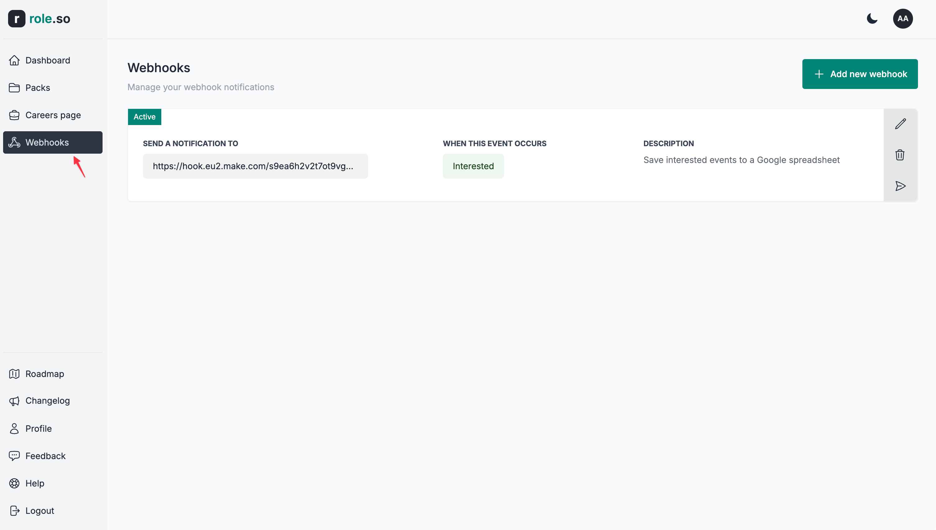Navigate to the webhooks sections
